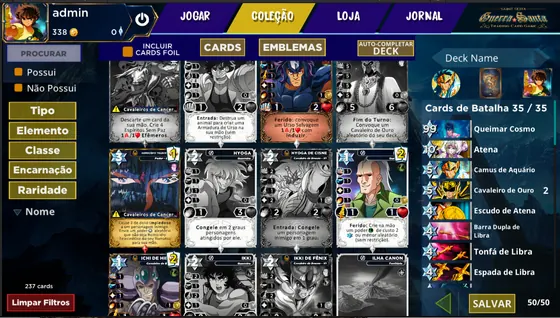 Tela de coleção do Guerra Santa Card Game
